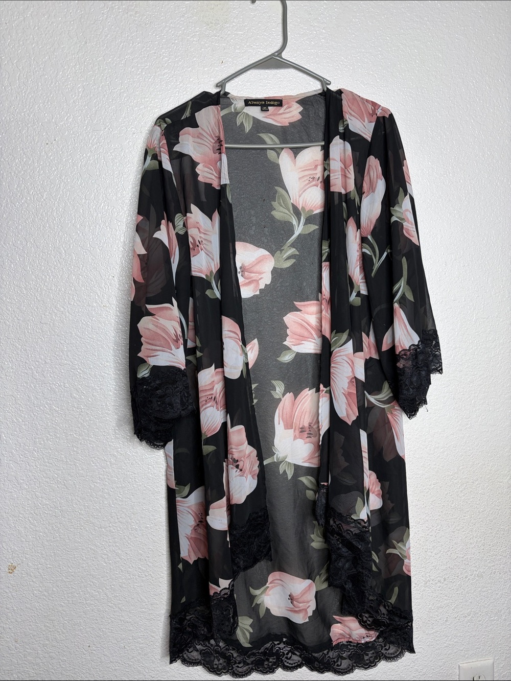 Always Indigo Sheer Floral Kimono Robe in Black and Pink